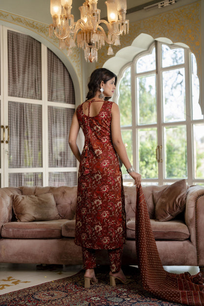 Women Rust Floral Printed Straight Kurta With Trouser And Dupatta | LASVINI - Redefining Indian Fashion with Elegance