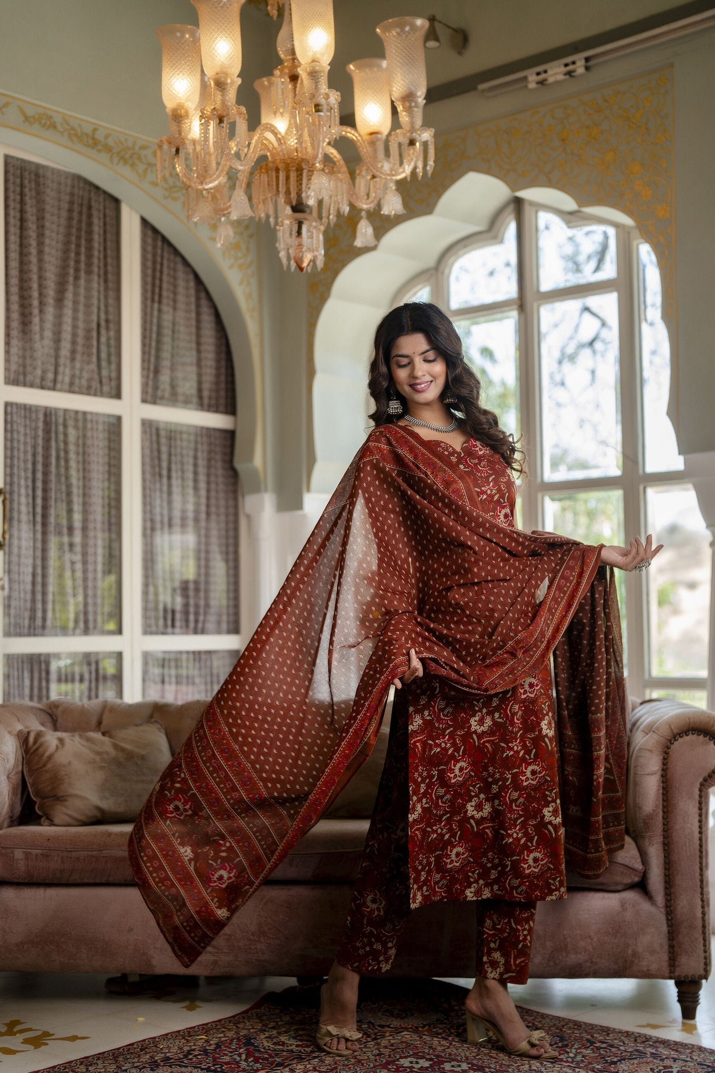 Women Rust Floral Printed Straight Kurta With Trouser And Dupatta | LASVINI - Redefining Indian Fashion with Elegance