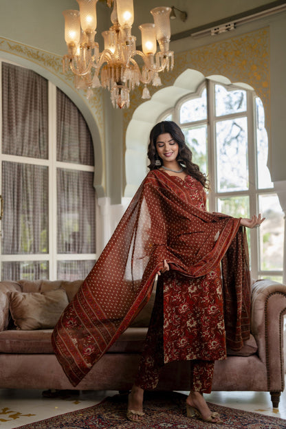 Women Rust Floral Printed Straight Kurta With Trouser And Dupatta | LASVINI - Redefining Indian Fashion with Elegance