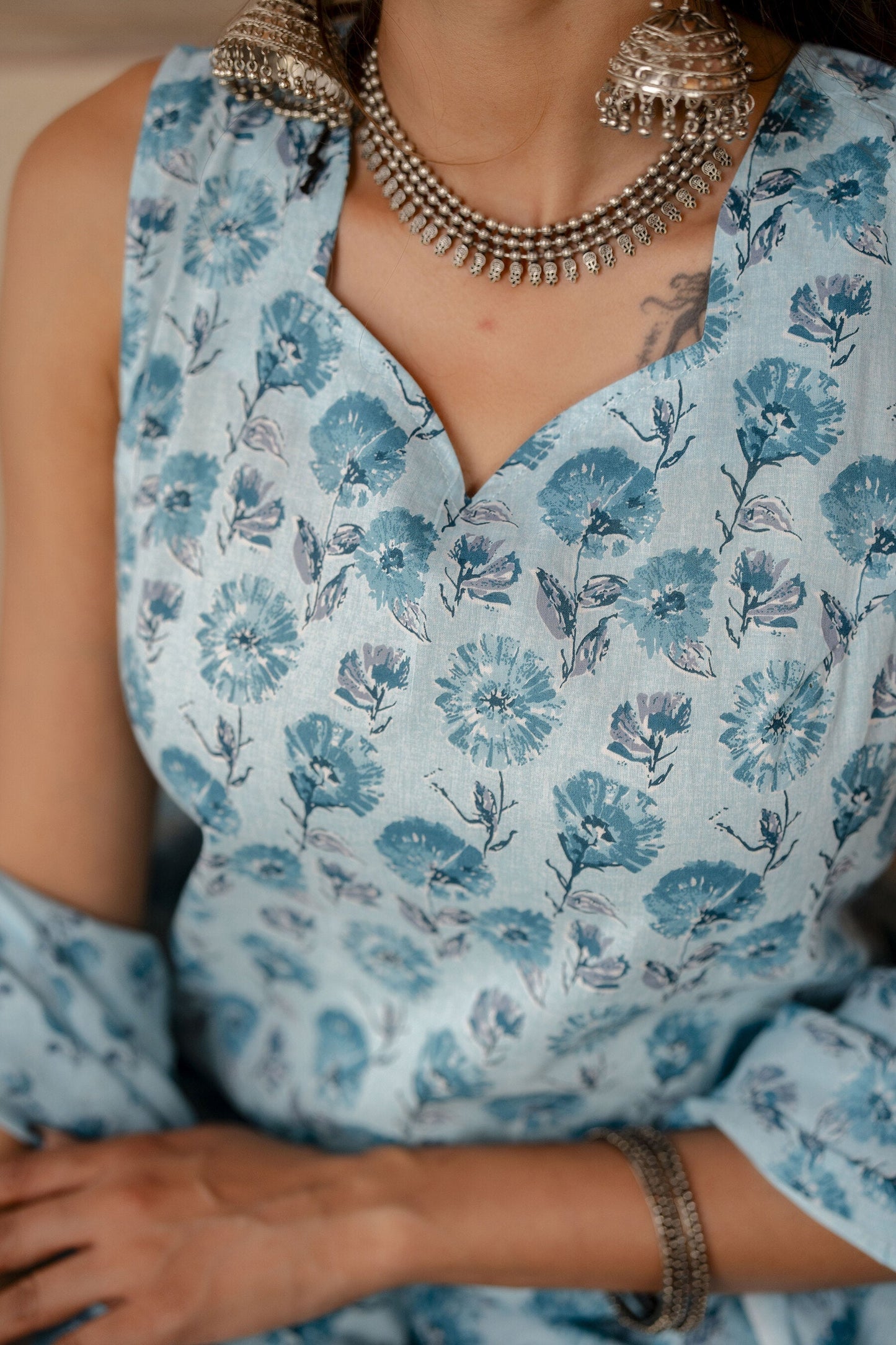 Women Aqua Blue Printed Straight Kurta With Trouser And Dupatta | LASVINI - Redefining Indian Fashion with Elegance