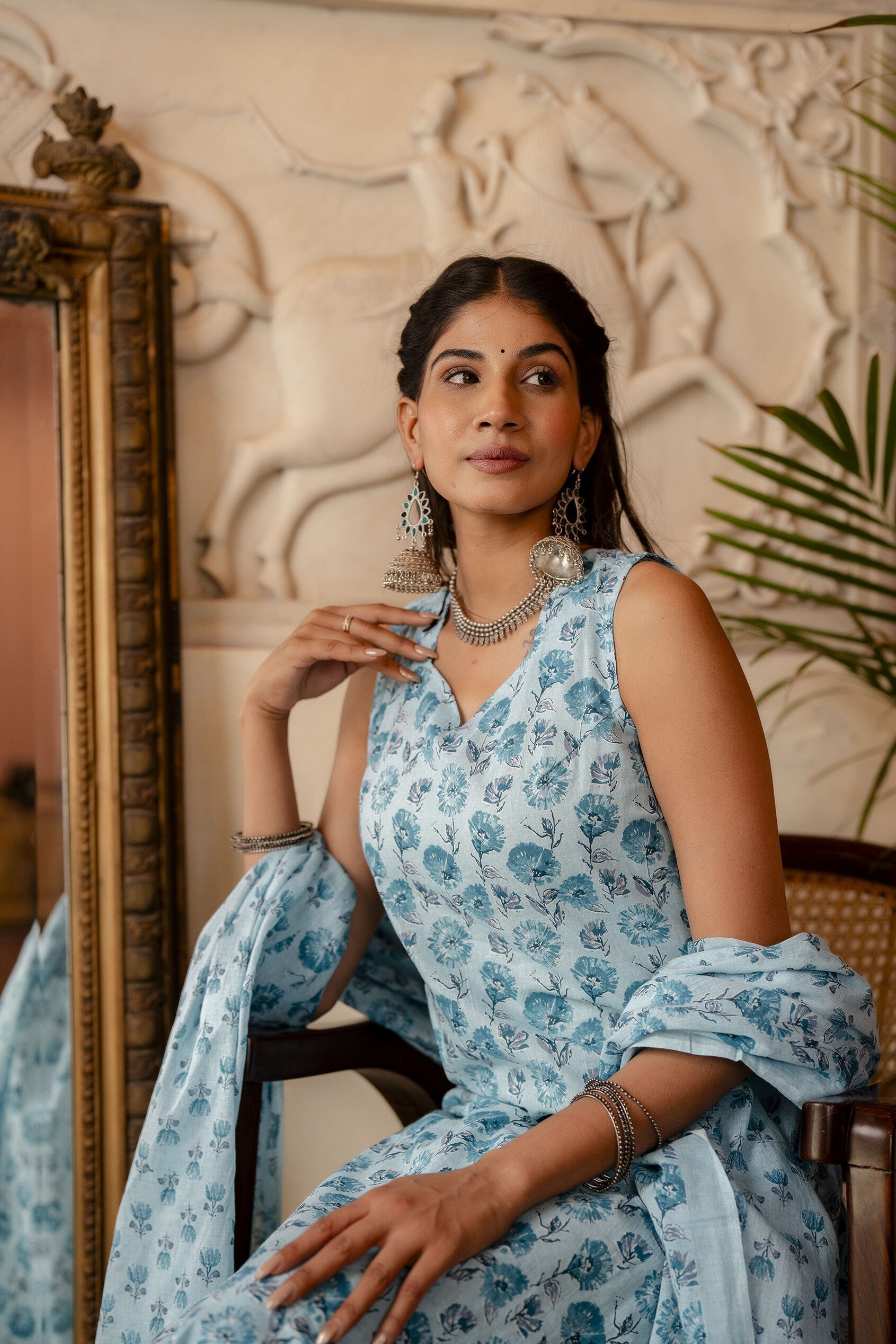 Women Aqua Blue Printed Straight Kurta With Trouser And Dupatta | LASVINI - Redefining Indian Fashion with Elegance