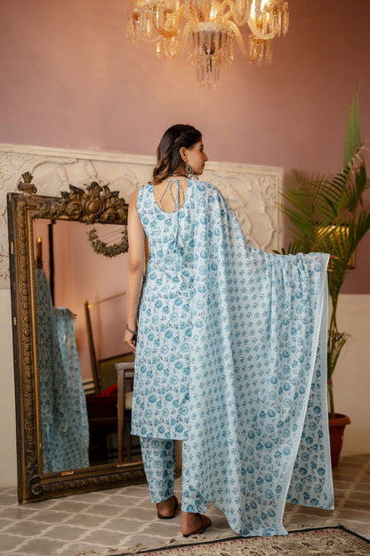 Women Aqua Blue Printed Straight Kurta With Trouser And Dupatta | LASVINI - Redefining Indian Fashion with Elegance