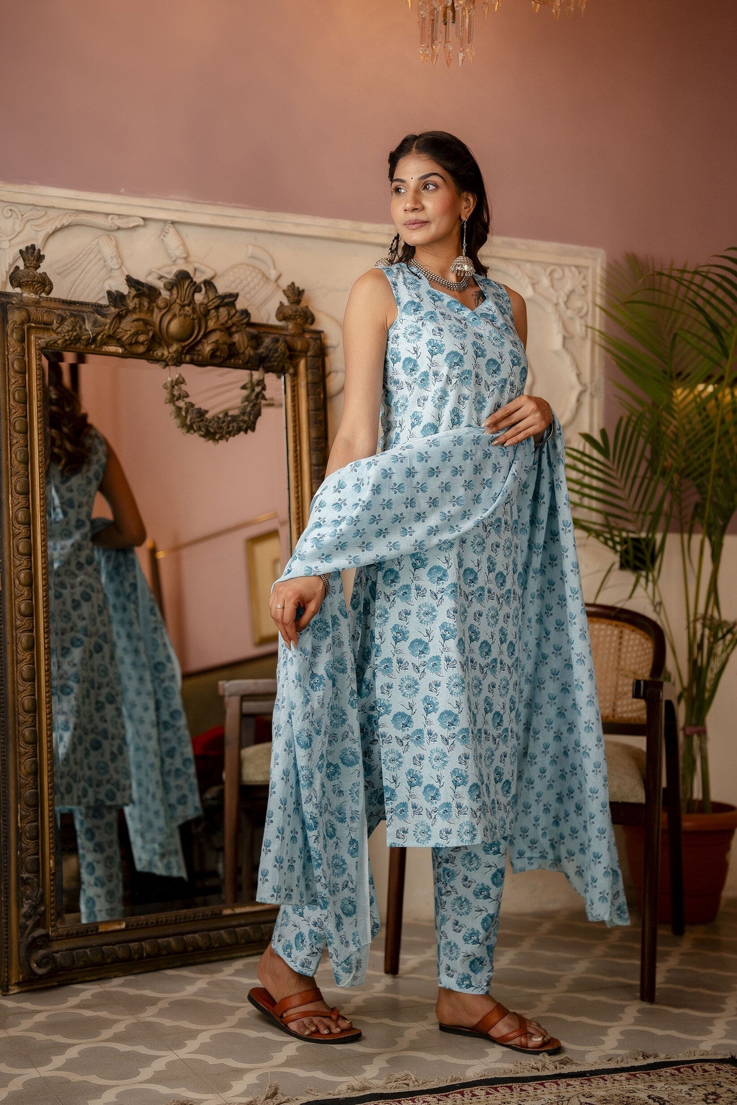 Women Aqua Blue Printed Straight Kurta With Trouser And Dupatta | LASVINI - Redefining Indian Fashion with Elegance