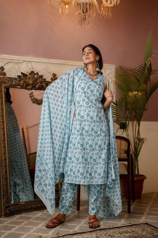 Women Aqua Blue Printed Straight Kurta With Trouser And Dupatta | LASVINI - Redefining Indian Fashion with Elegance