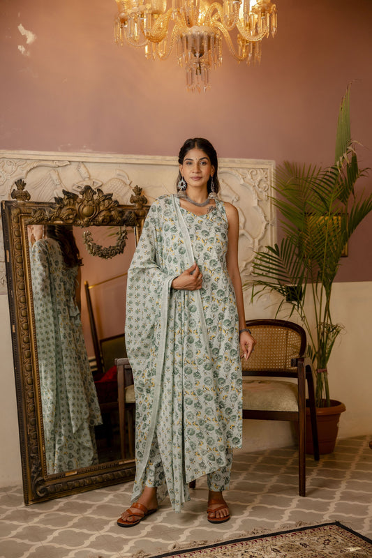 Women Green Printed Straight Kurta With Trouser And Dupatta | LASVINI - Redefining Indian Fashion with Elegance