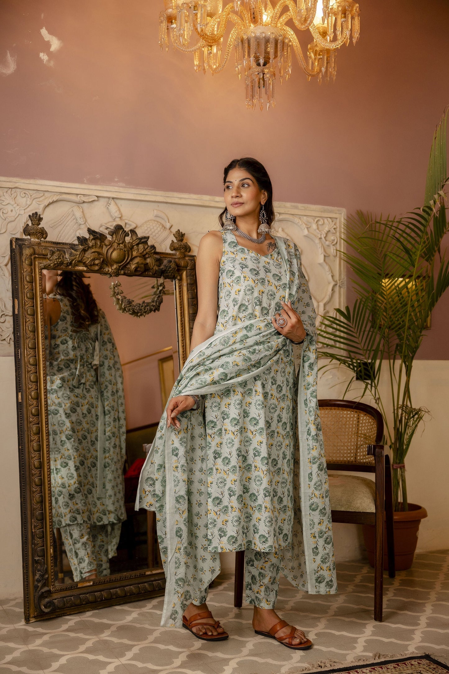 Women Green Printed Straight Kurta With Trouser And Dupatta | LASVINI - Redefining Indian Fashion with Elegance