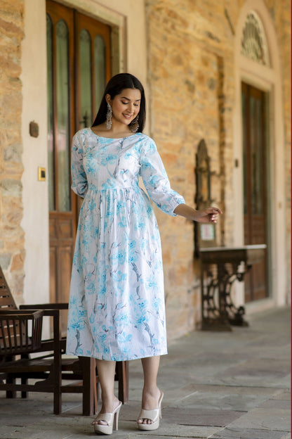 Women Off White Floral Printed Mini Dress | LASVINI - Redefining Indian Fashion with Elegance