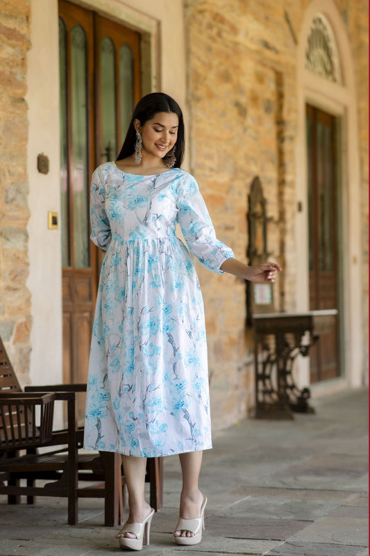 Women Off White Floral Printed Mini Dress | LASVINI - Redefining Indian Fashion with Elegance