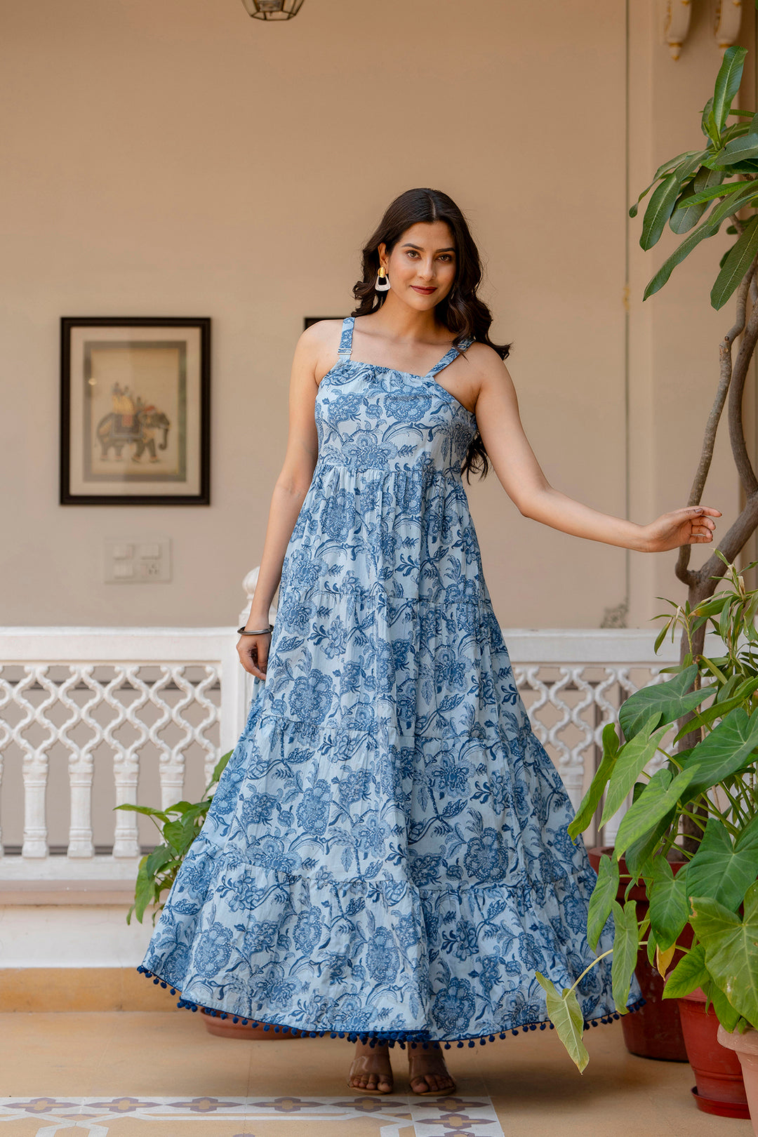 Women Blue Ethnic Printed Flared Dress | LASVINI - Redefining Indian Fashion with Elegance