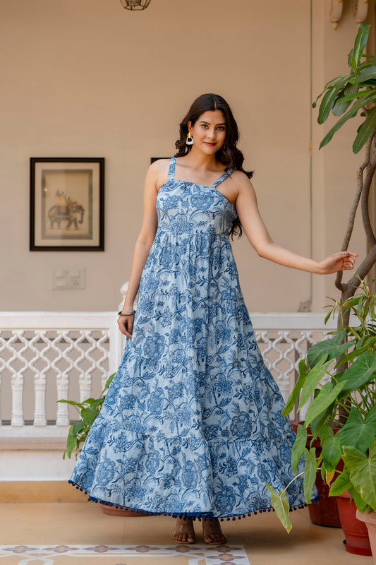 Women Blue Ethnic Printed Flared Dress | LASVINI - Redefining Indian Fashion with Elegance