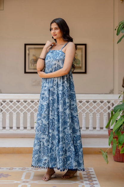 Women Blue Ethnic Printed Flared Dress | LASVINI - Redefining Indian Fashion with Elegance