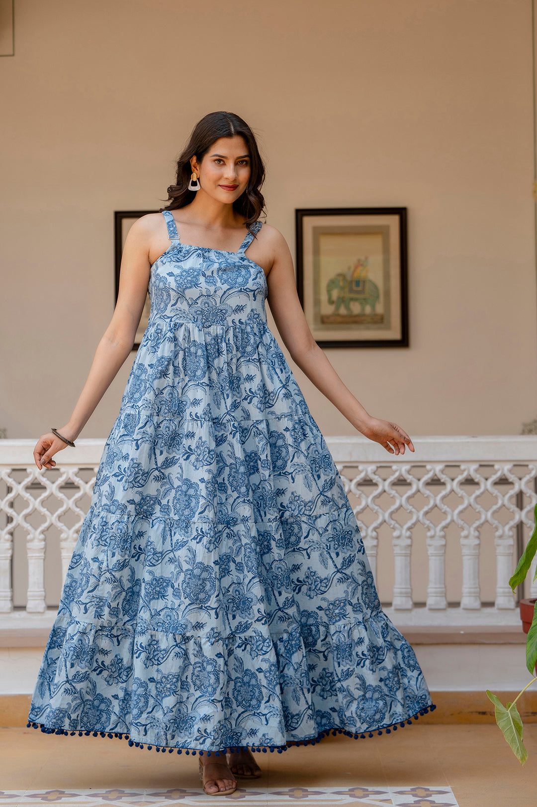 Women Blue Ethnic Printed Flared Dress | LASVINI - Redefining Indian Fashion with Elegance