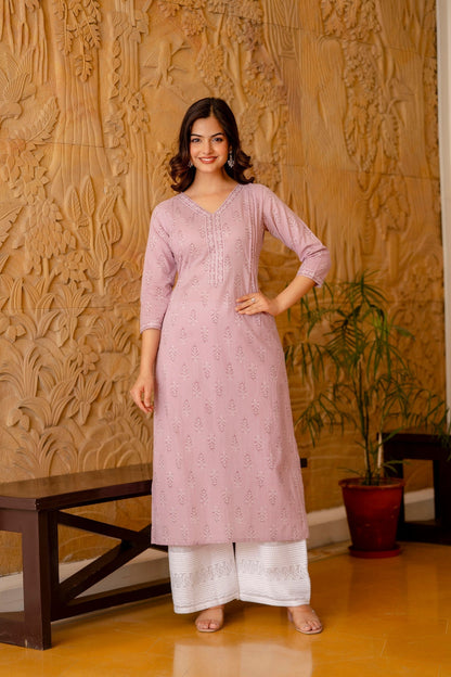 Women Purple Ethnic Printed Straight Kurta With Three Quarter Sleeves | LASVINI - Redefining Indian Fashion with Elegance