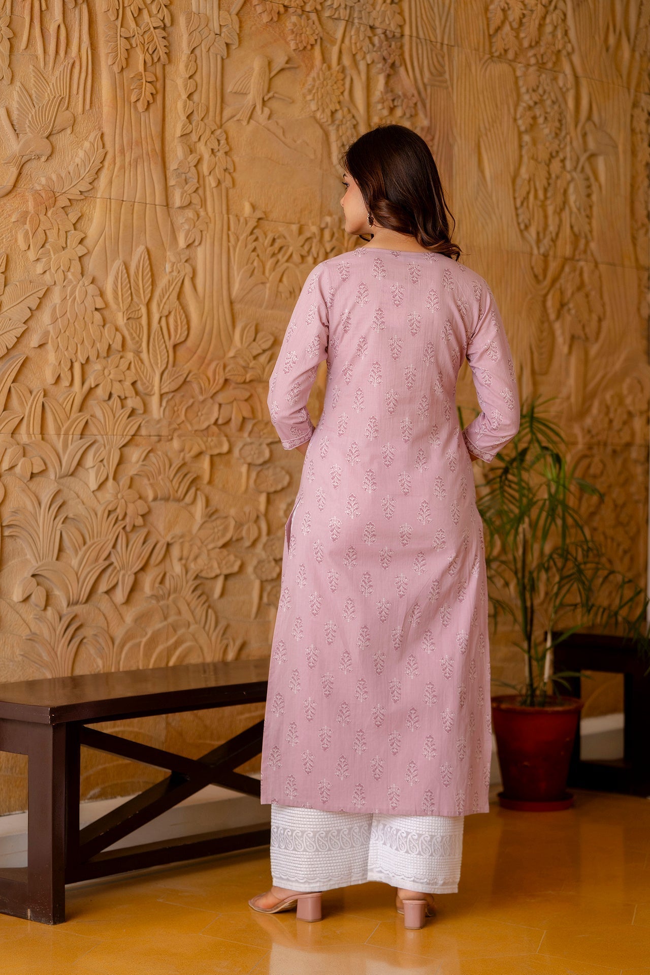 Women Purple Ethnic Printed Straight Kurta With Three Quarter Sleeves | LASVINI - Redefining Indian Fashion with Elegance