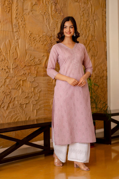 Women Purple Ethnic Printed Straight Kurta With Three Quarter Sleeves | LASVINI - Redefining Indian Fashion with Elegance
