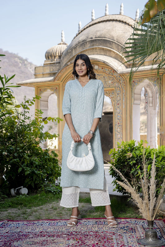 Women Green Ethnic Printed Straight Kurta With Three Quarter Sleeves | LASVINI - Redefining Indian Fashion with Elegance