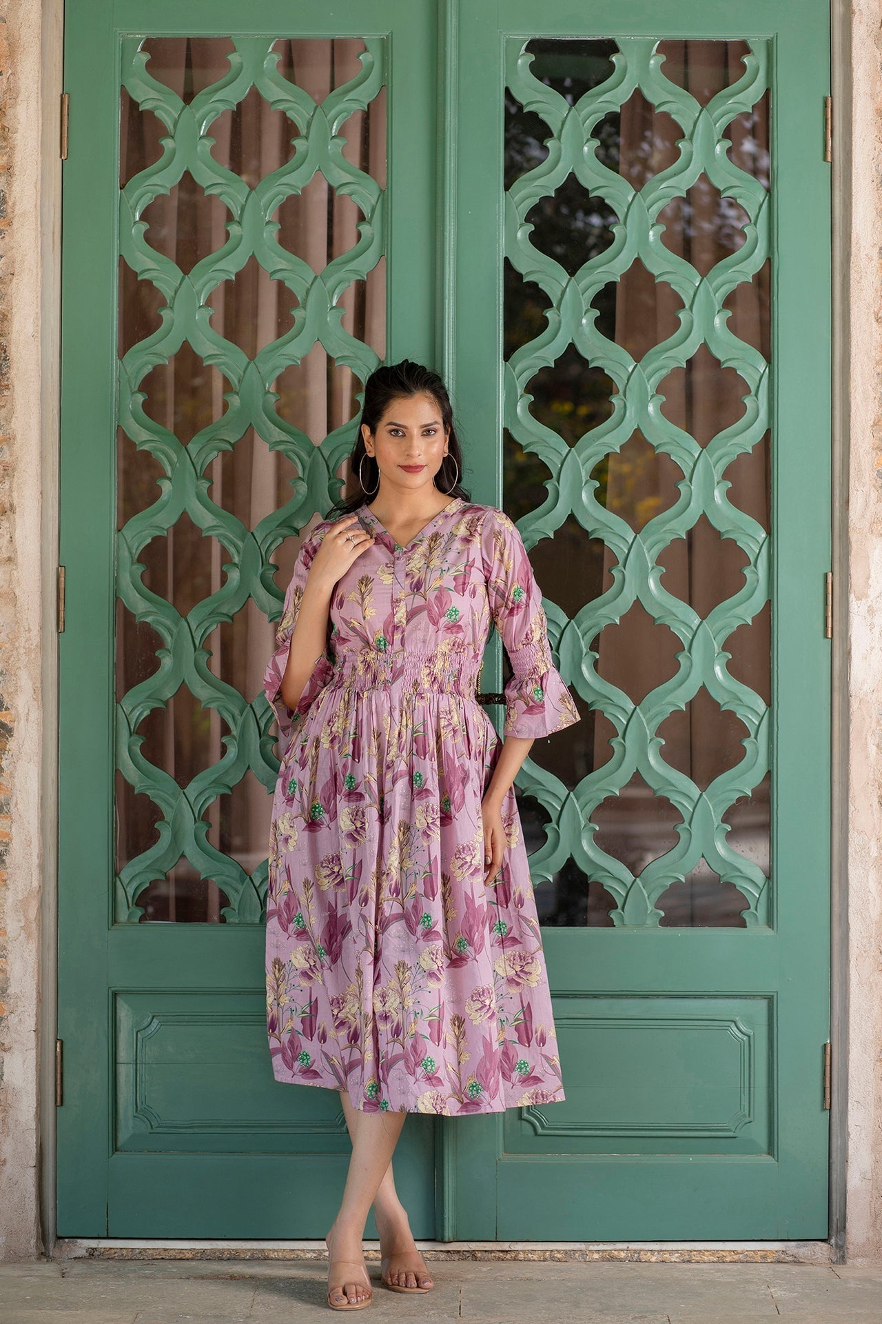 Women Mauve Ethnic Printed Flared Dress | LASVINI - Redefining Indian Fashion with Elegance