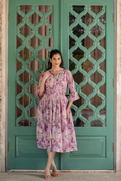 Women Mauve Ethnic Printed Flared Dress | LASVINI - Redefining Indian Fashion with Elegance