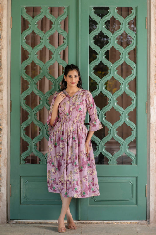 Women Mauve Ethnic Printed Flared Dress | LASVINI - Redefining Indian Fashion with Elegance