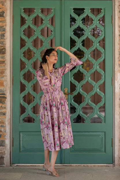 Women Mauve Ethnic Printed Flared Dress | LASVINI - Redefining Indian Fashion with Elegance