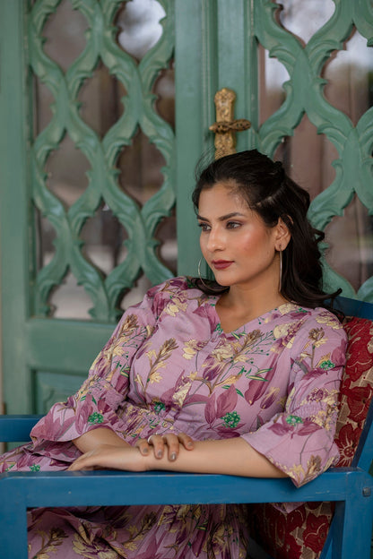 Women Mauve Ethnic Printed Flared Dress | LASVINI - Redefining Indian Fashion with Elegance