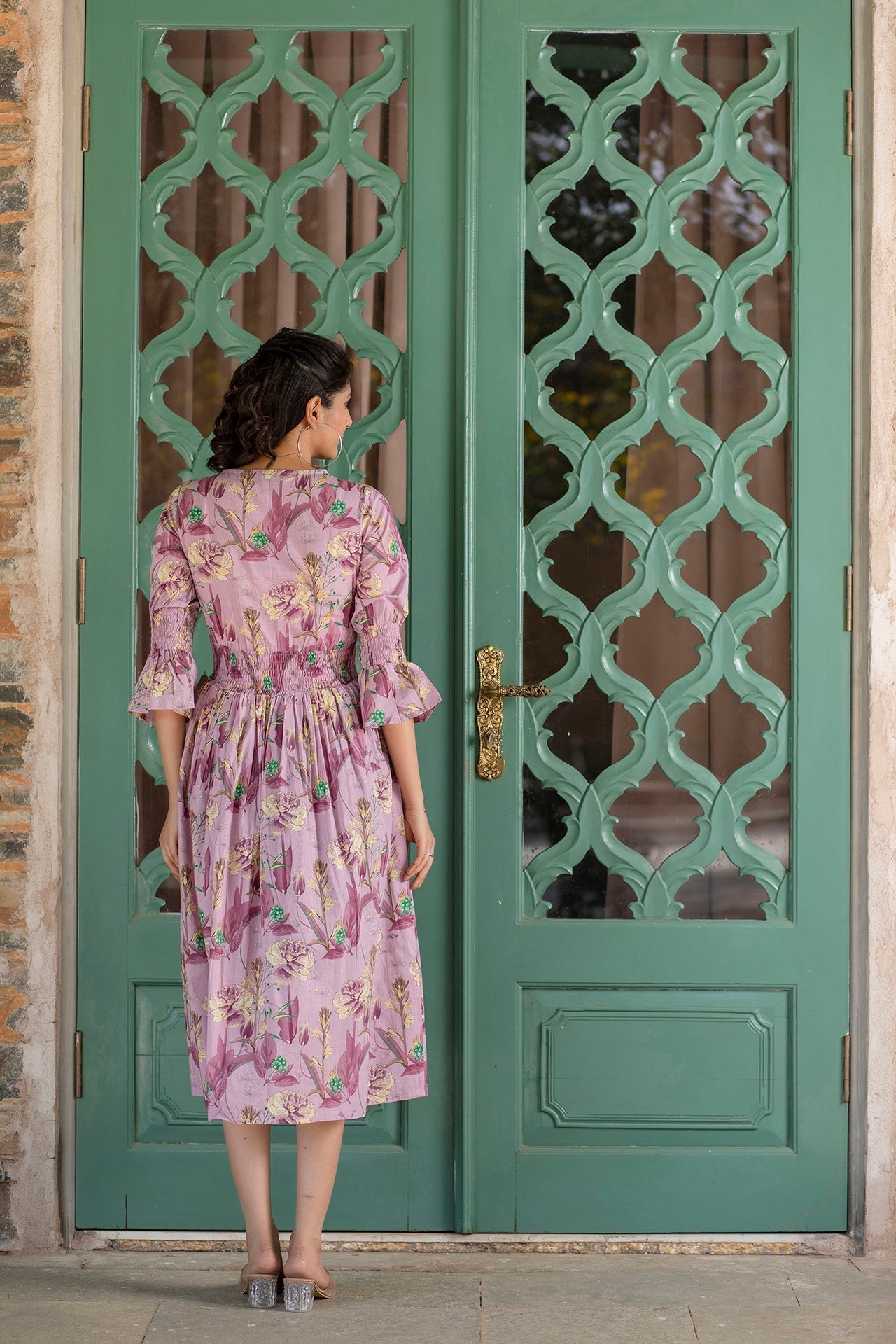 Women Mauve Ethnic Printed Flared Dress | LASVINI - Redefining Indian Fashion with Elegance