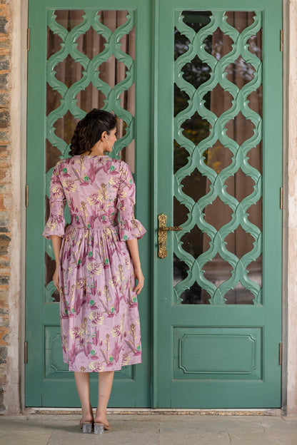 Women Mauve Ethnic Printed Flared Dress | LASVINI - Redefining Indian Fashion with Elegance