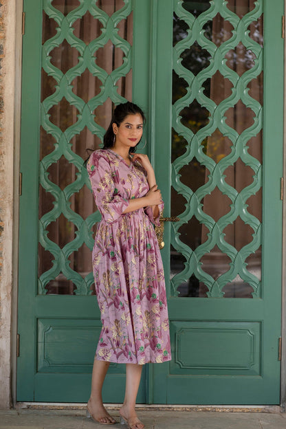 Women Mauve Ethnic Printed Flared Dress | LASVINI - Redefining Indian Fashion with Elegance