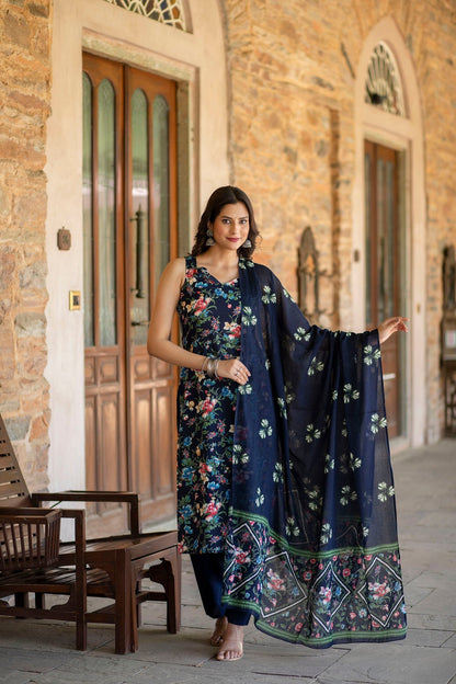 Women Navy Blue Printed Straight Kurta With Trouser And Dupatta | LASVINI - Redefining Indian Fashion with Elegance