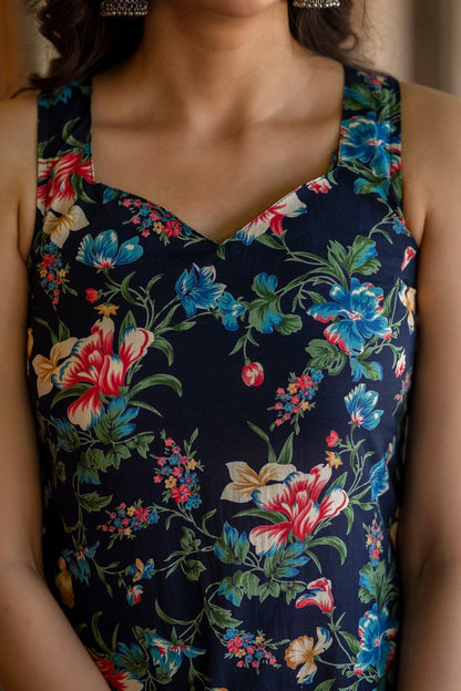 Women Navy Blue Printed Straight Kurta With Trouser And Dupatta | LASVINI - Redefining Indian Fashion with Elegance