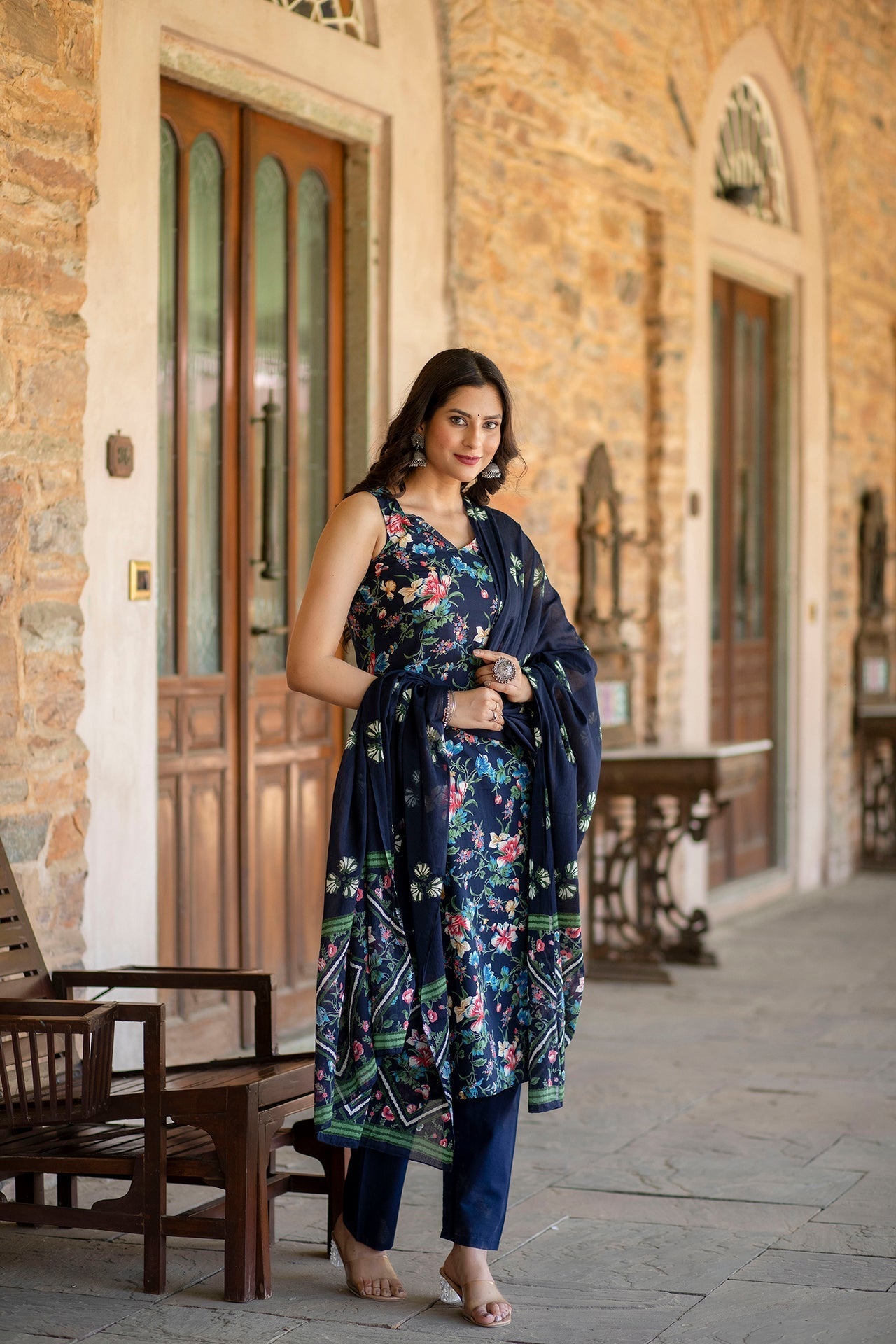 Women Navy Blue Printed Straight Kurta With Trouser And Dupatta | LASVINI - Redefining Indian Fashion with Elegance