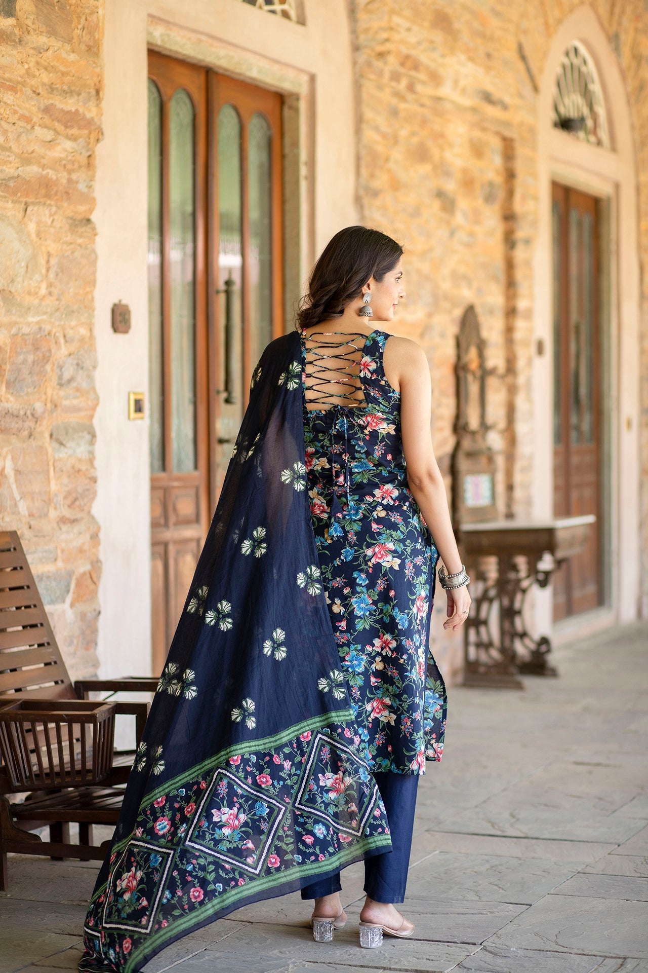 Women Navy Blue Printed Straight Kurta With Trouser And Dupatta | LASVINI - Redefining Indian Fashion with Elegance