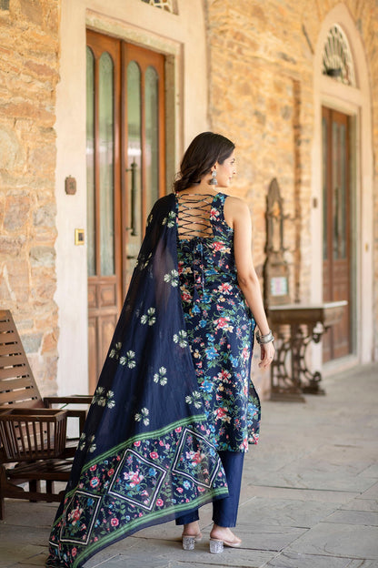 Women Navy Blue Printed Straight Kurta With Trouser And Dupatta | LASVINI - Redefining Indian Fashion with Elegance