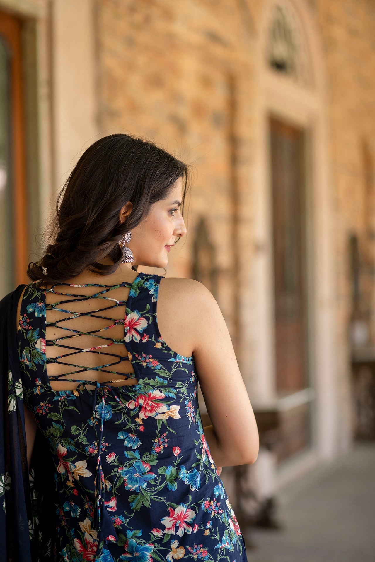 Women Navy Blue Printed Straight Kurta With Trouser And Dupatta | LASVINI - Redefining Indian Fashion with Elegance