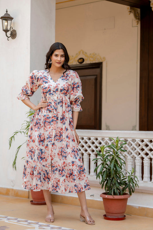 Women Off-White Floral Printed Flared Dress With Three Quarter Sleeves | LASVINI - Redefining Indian Fashion with Elegance