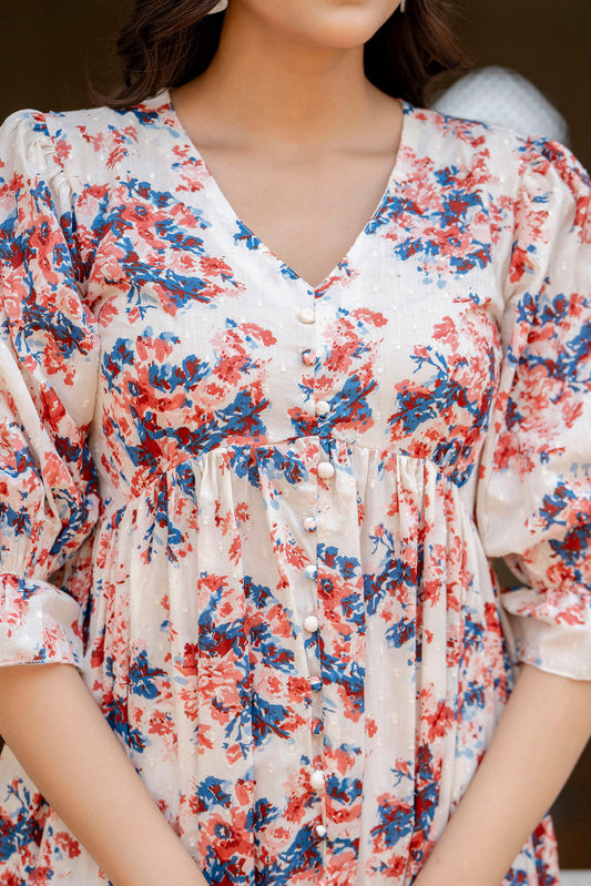 Women Off-White Floral Printed Flared Dress With Three Quarter Sleeves | LASVINI - Redefining Indian Fashion with Elegance