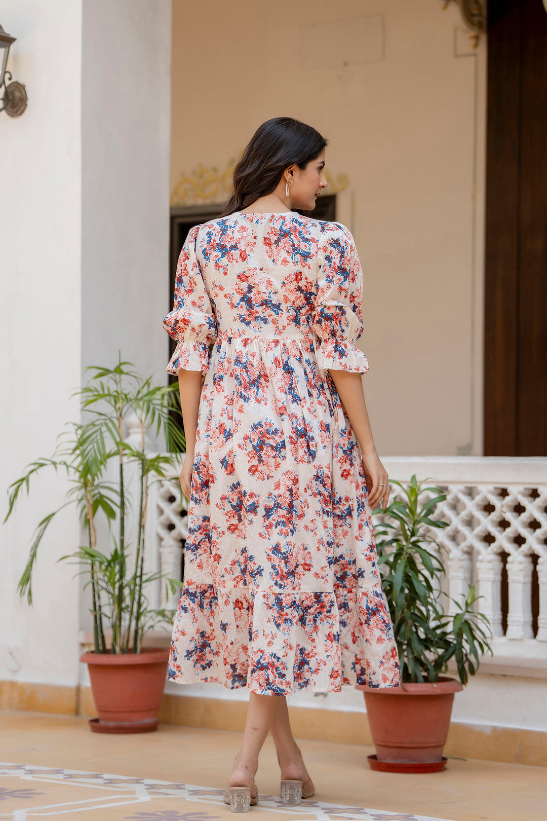 Women Off-White Floral Printed Flared Dress With Three Quarter Sleeves | LASVINI - Redefining Indian Fashion with Elegance