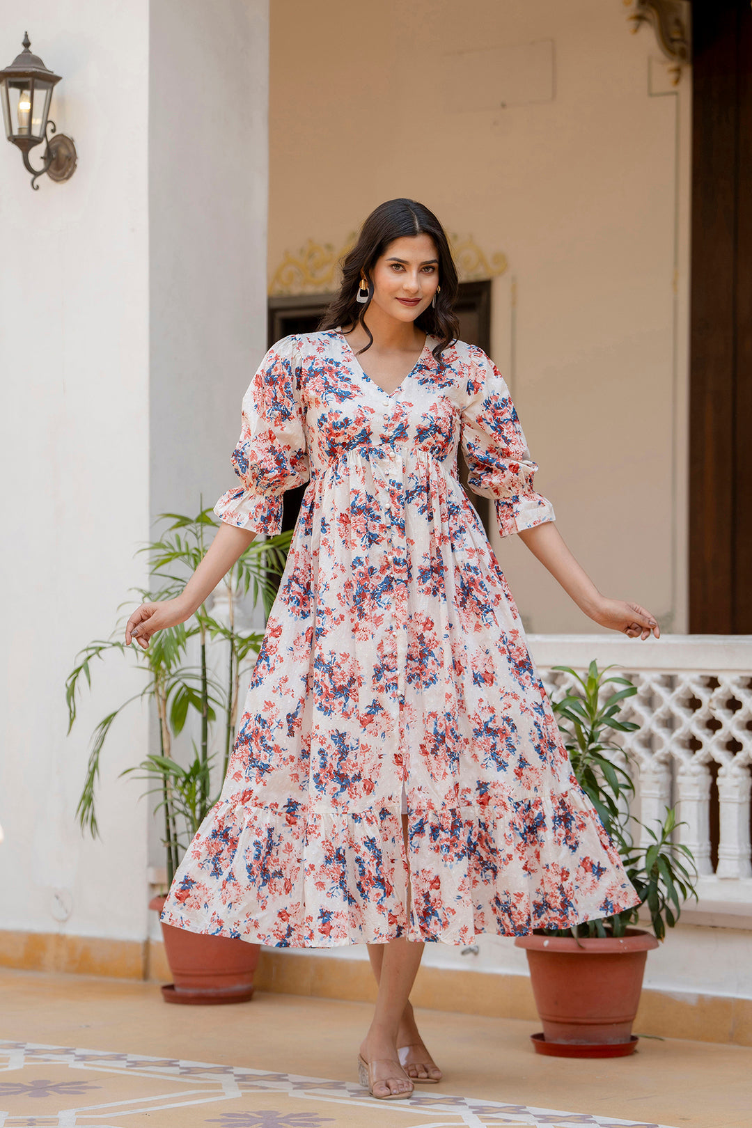Women Off-White Floral Printed Flared Dress With Three Quarter Sleeves | LASVINI - Redefining Indian Fashion with Elegance