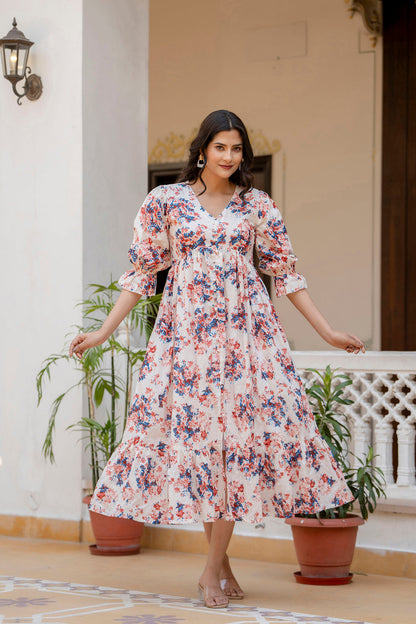 Women Off-White Floral Printed Flared Dress With Three Quarter Sleeves | LASVINI - Redefining Indian Fashion with Elegance