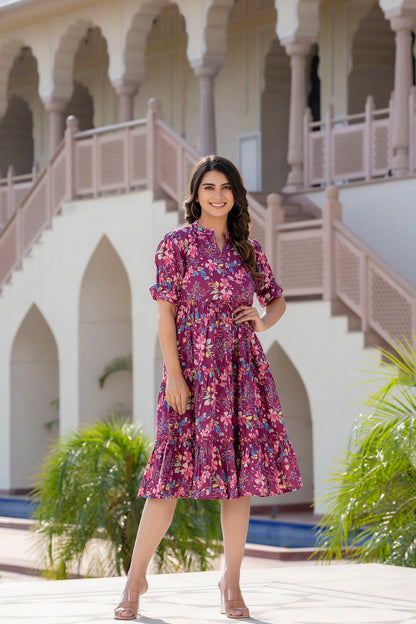 Women Burgundy Printed Flared Dress | LASVINI - Redefining Indian Fashion with Elegance