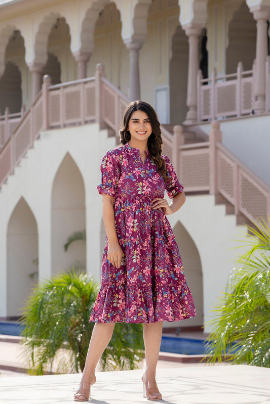 Women Burgundy Printed Flared Dress | LASVINI - Redefining Indian Fashion with Elegance