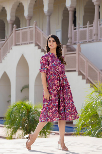 Women Burgundy Printed Flared Dress | LASVINI - Redefining Indian Fashion with Elegance
