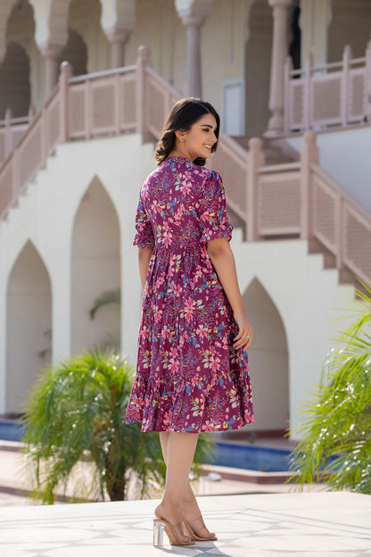 Women Burgundy Printed Flared Dress | LASVINI - Redefining Indian Fashion with Elegance