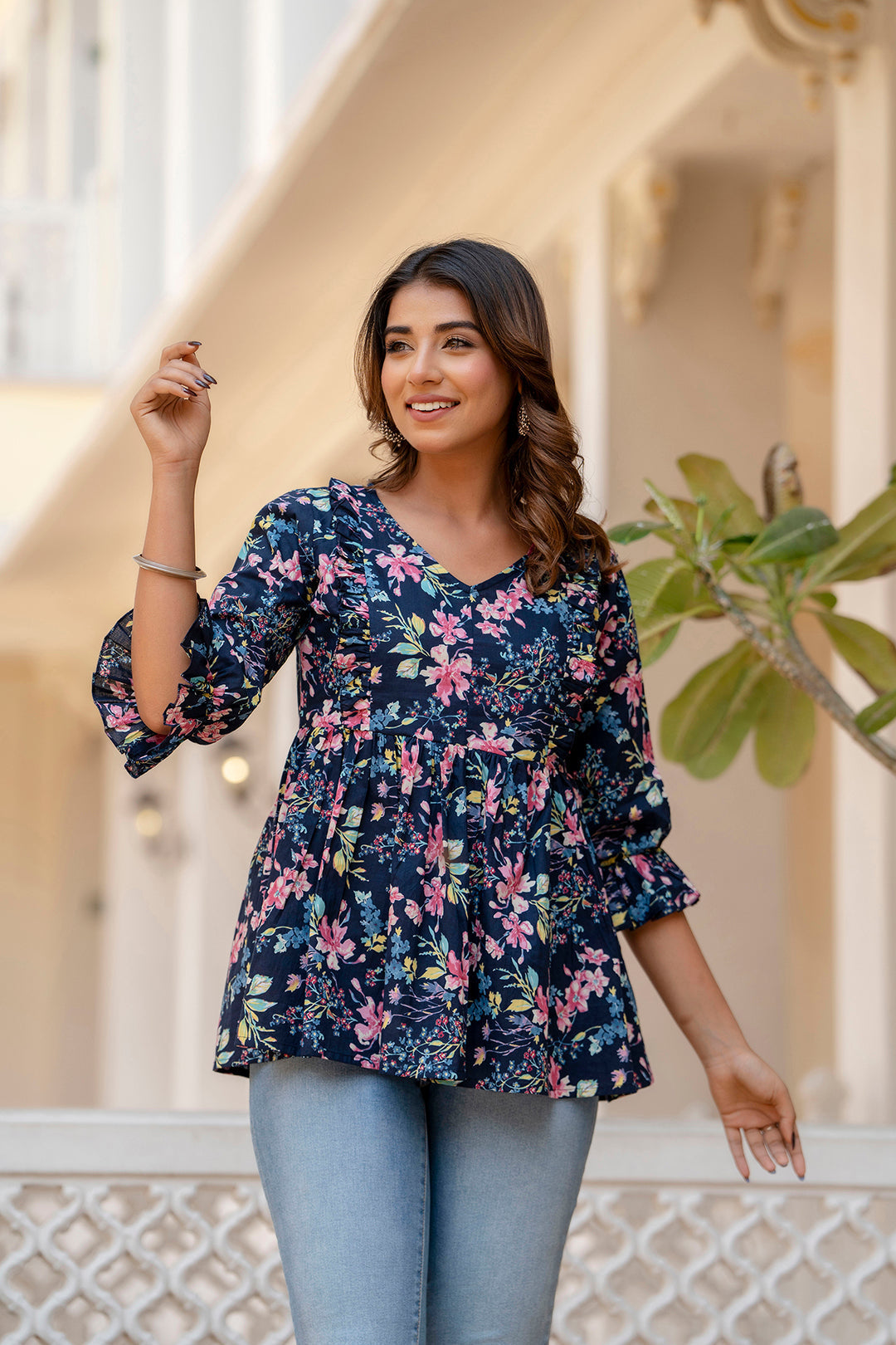 Women Navy Blue Peplum V- Neck Tunic | LASVINI - Redefining Indian Fashion with Elegance