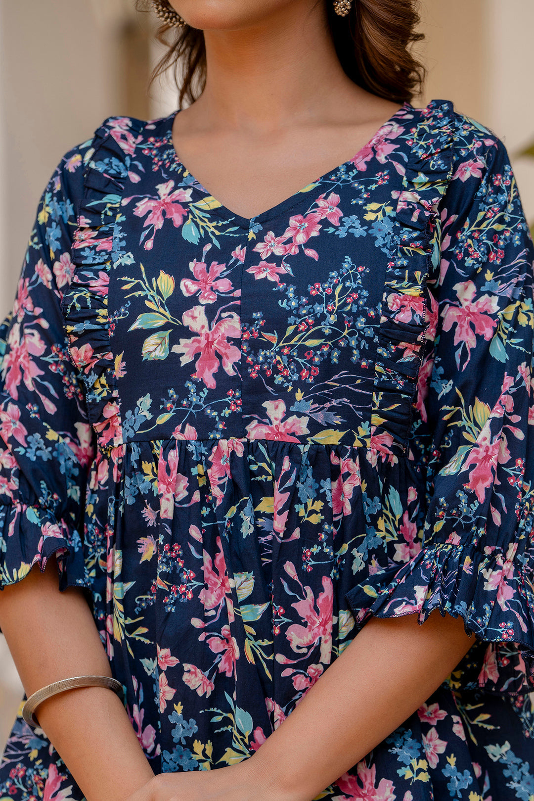 Women Navy Blue Peplum V- Neck Tunic | LASVINI - Redefining Indian Fashion with Elegance