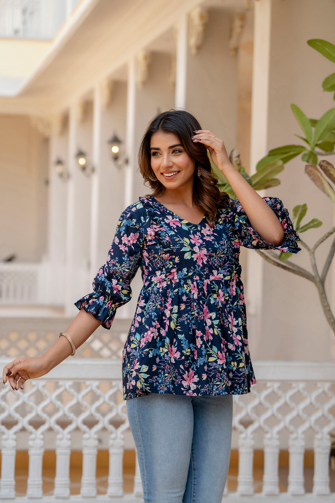 Women Navy Blue Peplum V- Neck Tunic | LASVINI - Redefining Indian Fashion with Elegance