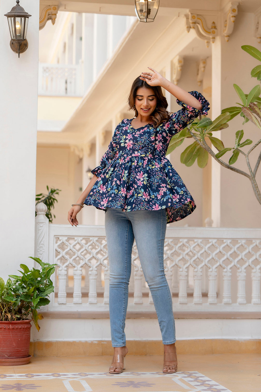 Women Navy Blue Peplum V- Neck Tunic | LASVINI - Redefining Indian Fashion with Elegance