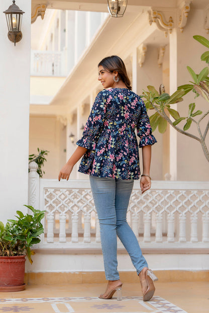 Women Navy Blue Peplum V- Neck Tunic | LASVINI - Redefining Indian Fashion with Elegance