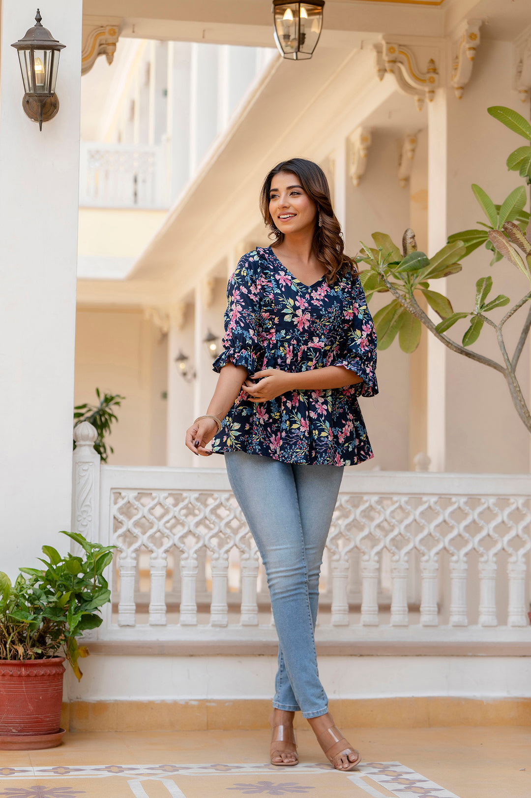 Women Navy Blue Peplum V- Neck Tunic | LASVINI - Redefining Indian Fashion with Elegance