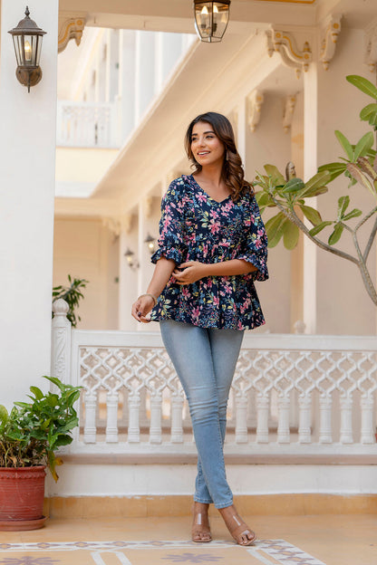 Women Navy Blue Peplum V- Neck Tunic | LASVINI - Redefining Indian Fashion with Elegance